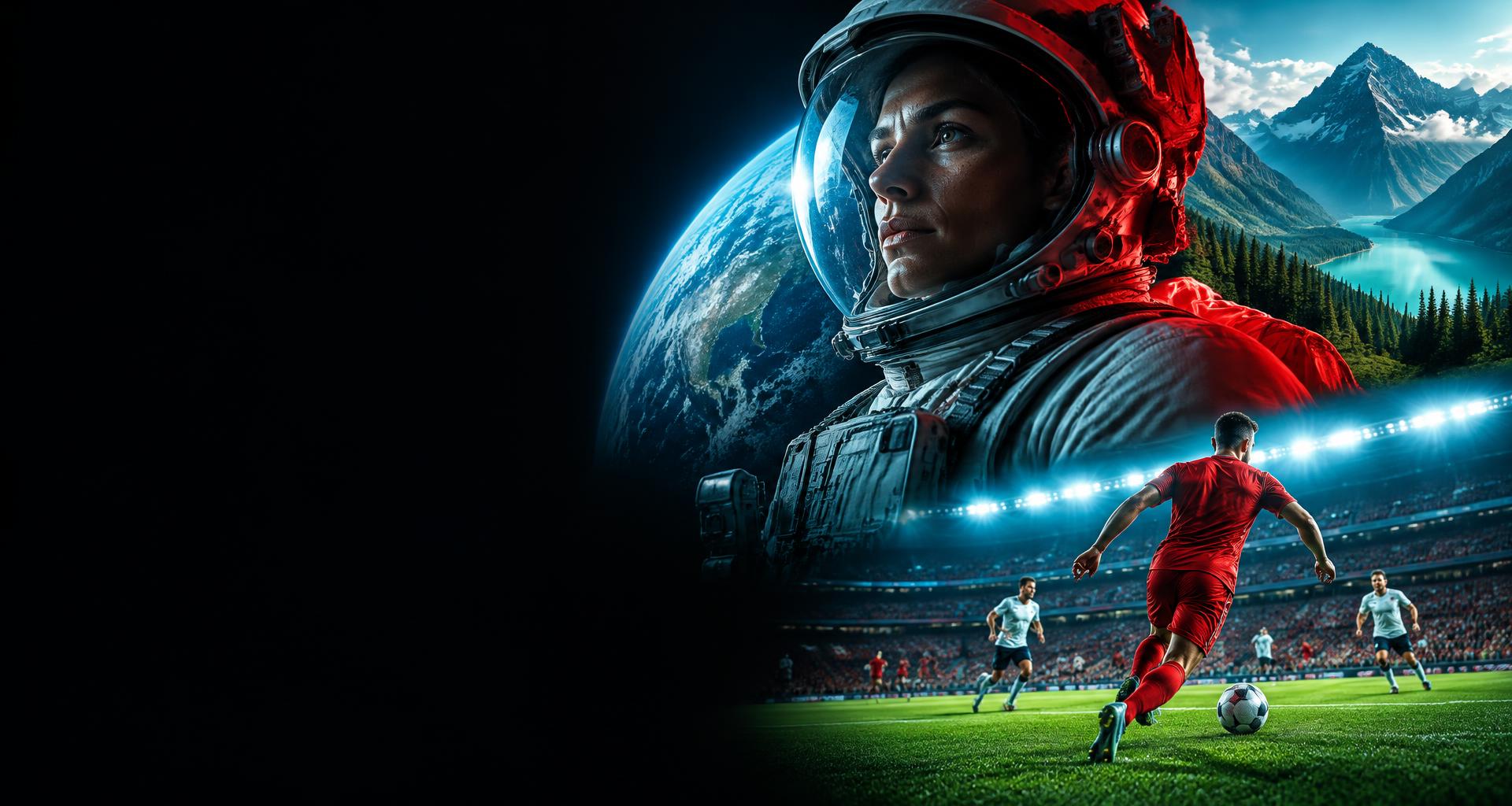 Cena de cinema, futebol ao vivo e paisagem de montanhas
